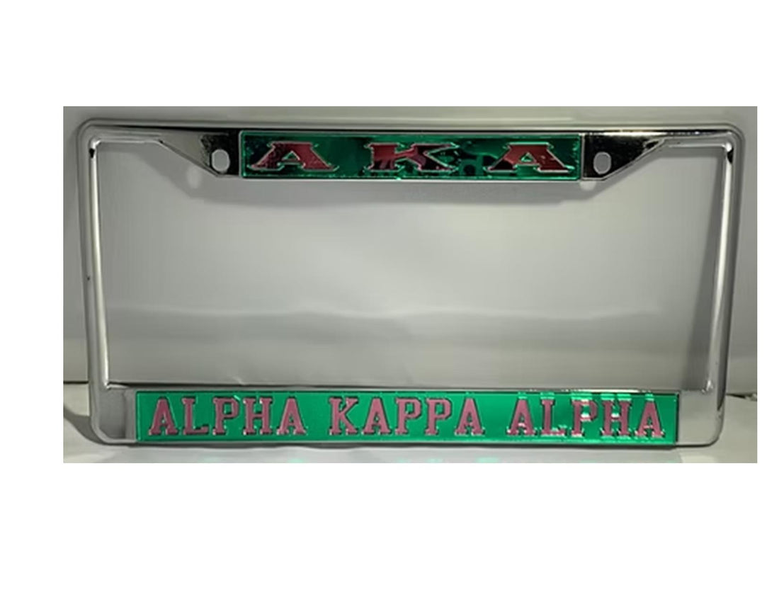 AKA License Plate Frame - AKA Sorority Name Pink w/Green Background