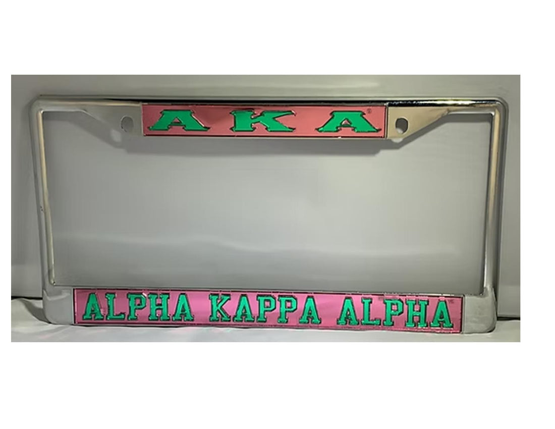 AKA License Plate Frame - AKA Sorority Name Green w/Pink Background