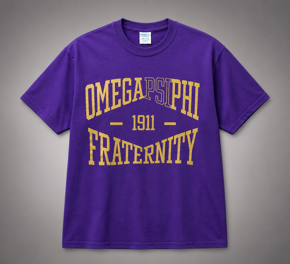Omega Psi Phi T-Shirt Purple with Gold Letters (Cotton Blend)